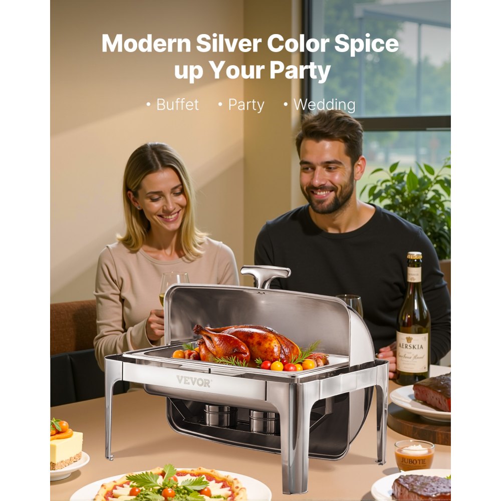 VEVOR Roll Top Chafing Dish Buffet Complete Set, 9Qt Stainless Steel Chafer with Full Size Pan, Rectangle Catering