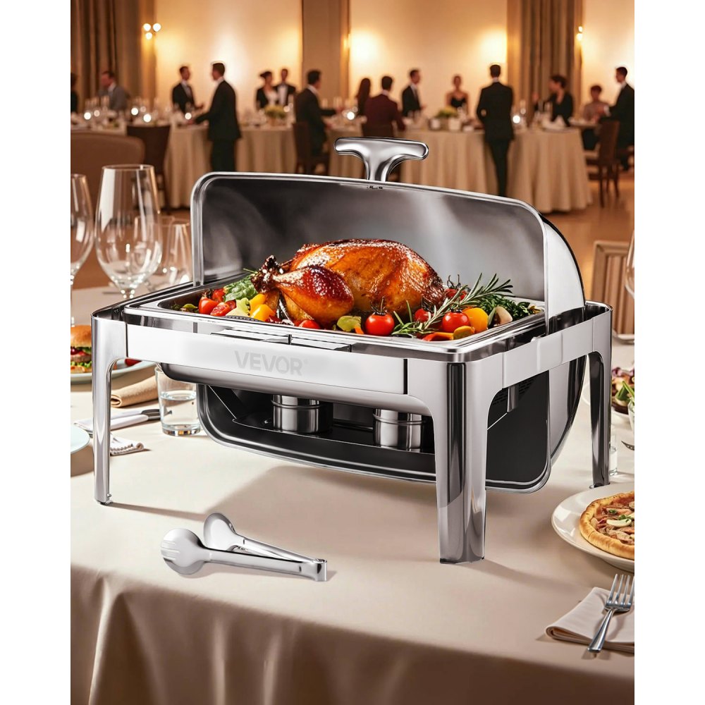 VEVOR Roll Top Chafing Dish Buffet Complete Set, 9Qt Stainless Steel Chafer with Full Size Pan, Rectangle Catering