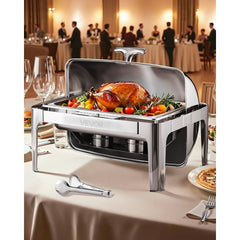 VEVOR Roll Top Chafing Dish Buffet Complete Set, 9Qt Stainless Steel Chafer with Full Size Pan, Rectangle Catering