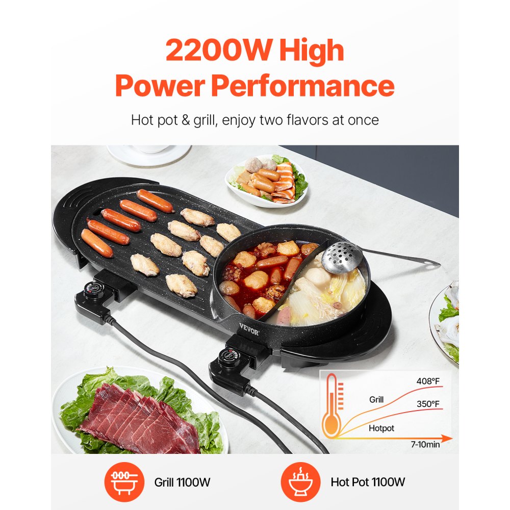 VEVOR Hot Pot with Grill, 2200W 2-in-1 Electric Smokeless Grill and Hot Pot, Korean BBQ Shabu Shabu Hotpot with