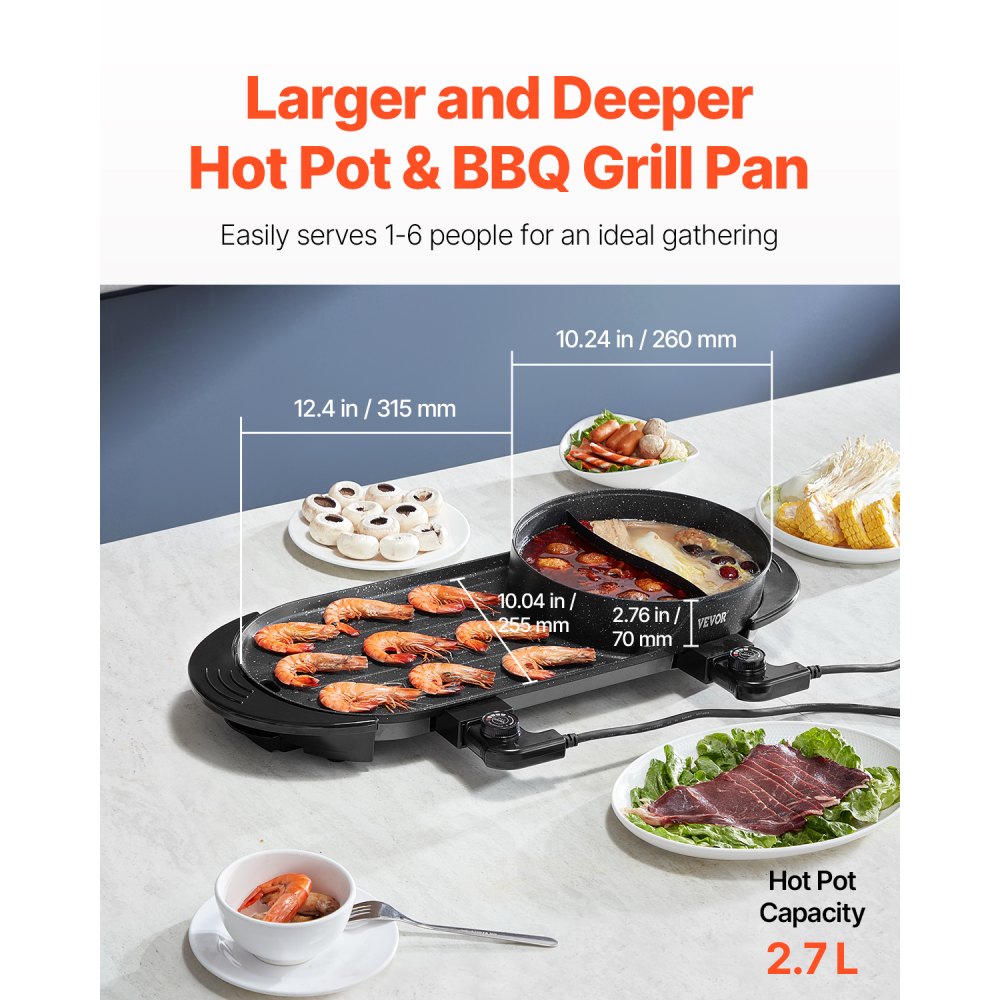 VEVOR Hot Pot with Grill, 2200W 2-in-1 Electric Smokeless Grill and Hot Pot, Korean BBQ Shabu Shabu Hotpot with