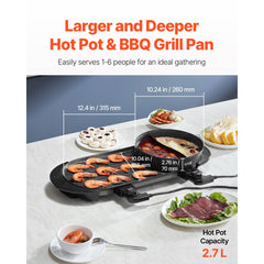 VEVOR Hot Pot with Grill, 2200W 2-in-1 Electric Smokeless Grill and Hot Pot, Korean BBQ Shabu Shabu Hotpot with