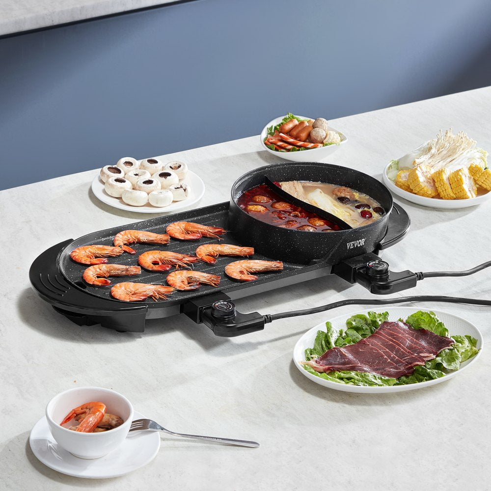 VEVOR Hot Pot with Grill, 2200W 2-in-1 Electric Smokeless Grill and Hot Pot, Korean BBQ Shabu Shabu Hotpot with