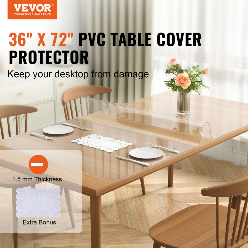 VEVOR Clear Table Cover Protector, 36" x 72" Rectangle Table Cover, 1.5 mm Thick PVC Plastic Tablecloth, Waterproof