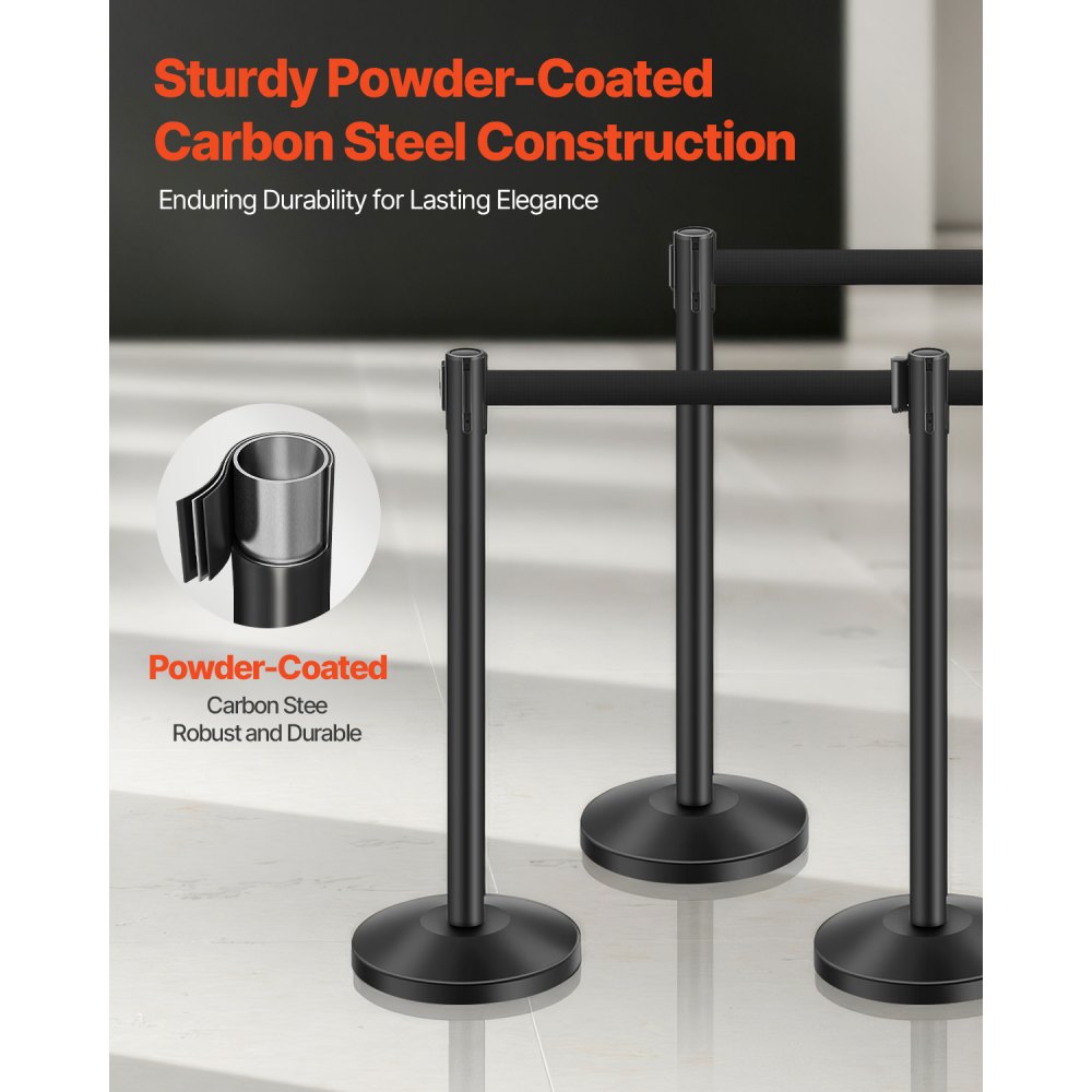 VEVOR Stanchion Post, 6 Pcs Stanchions with Retractable Belts, Carbon Steel Black Stanchions Queue with Sand Injection