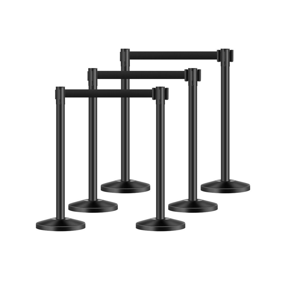 VEVOR Stanchion Post, 6 Pcs Stanchions with Retractable Belts, Carbon Steel Black Stanchions Queue with Sand Injection