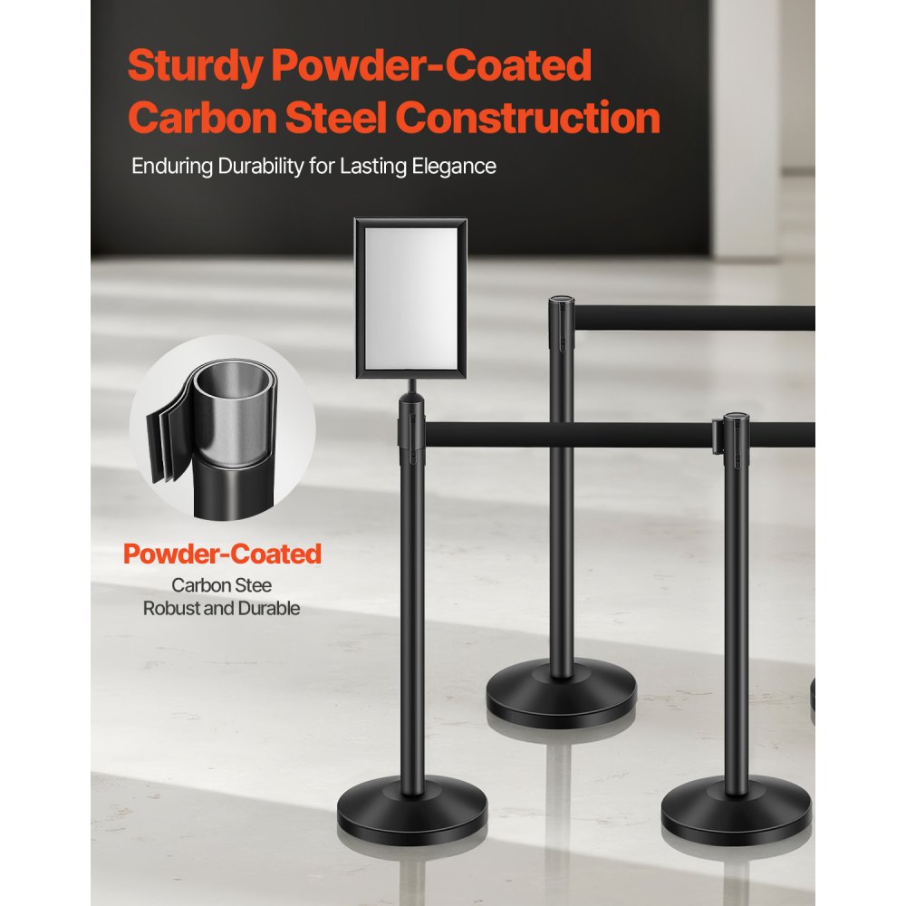 VEVOR Stanchion Post, 8 Pcs Stanchions with Retractable Belts, Carbon Steel Black Stanchions Queue with Sand Injection