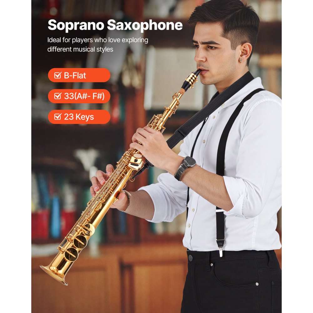 VEVOR Straight Soprano Saxophone, B Flat, Brass Saxophone Beginner Kit with Carrying Case, Mouthpiece, Cleaning Cloth