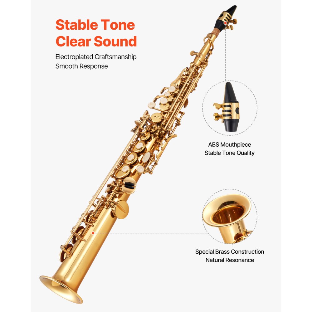 VEVOR Straight Soprano Saxophone, B Flat, Brass Saxophone Beginner Kit with Carrying Case, Mouthpiece, Cleaning Cloth