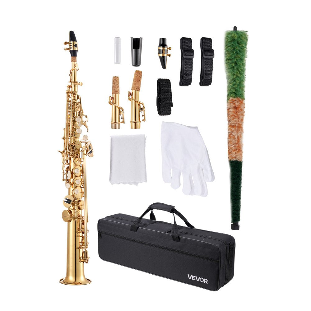 VEVOR Straight Soprano Saxophone, B Flat, Brass Saxophone Beginner Kit with Carrying Case, Mouthpiece, Cleaning Cloth