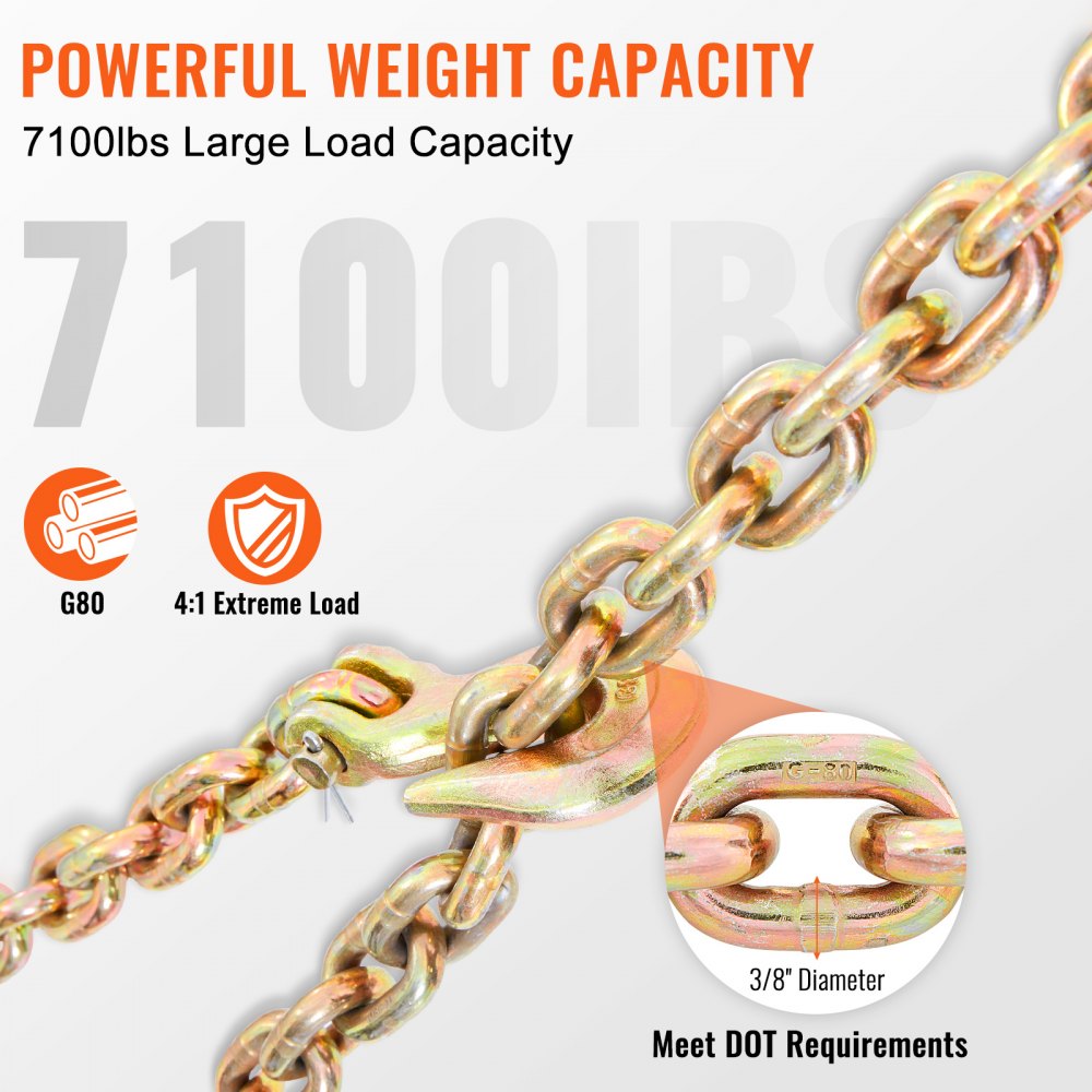 VEVOR Transport Binder Chain, 7100 lbs Working Load Limit, 3/8'' x 20' G80 Tow Chain Tie Down with Grab Hooks, DOT