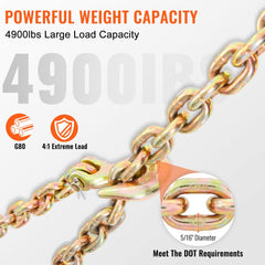 VEVOR Transport Binder Chain, 4900 lbs Working Load Limit, 5/16'' x 20' G80 Tow Chain Tie Down with Grab Hooks, DOT