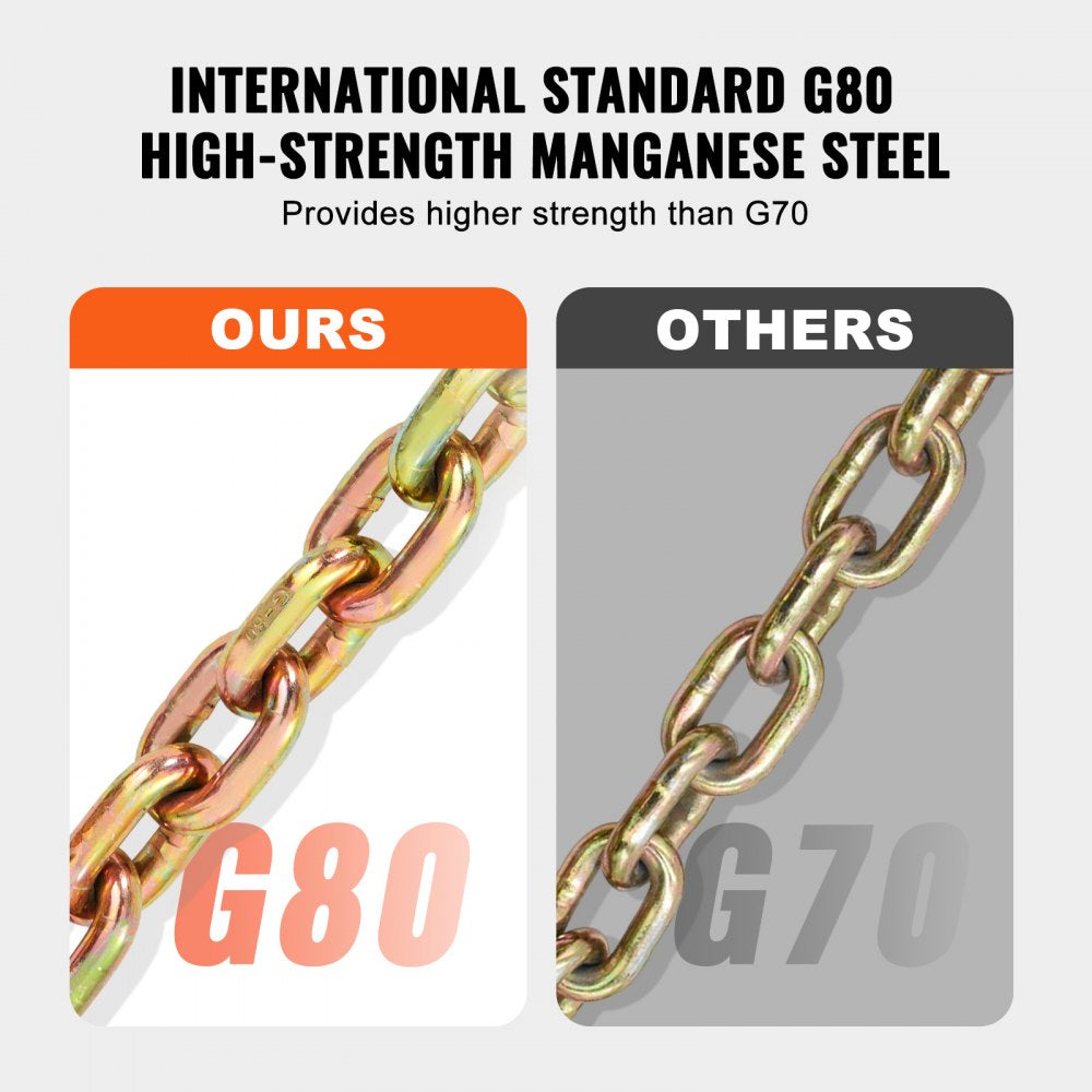 VEVOR G80 Transport Binder Chain, 3/8" x 10.3' Tow Chain with Clevis Grab Hooks, 7100 lbs Safe Working Load, Heavy Duty