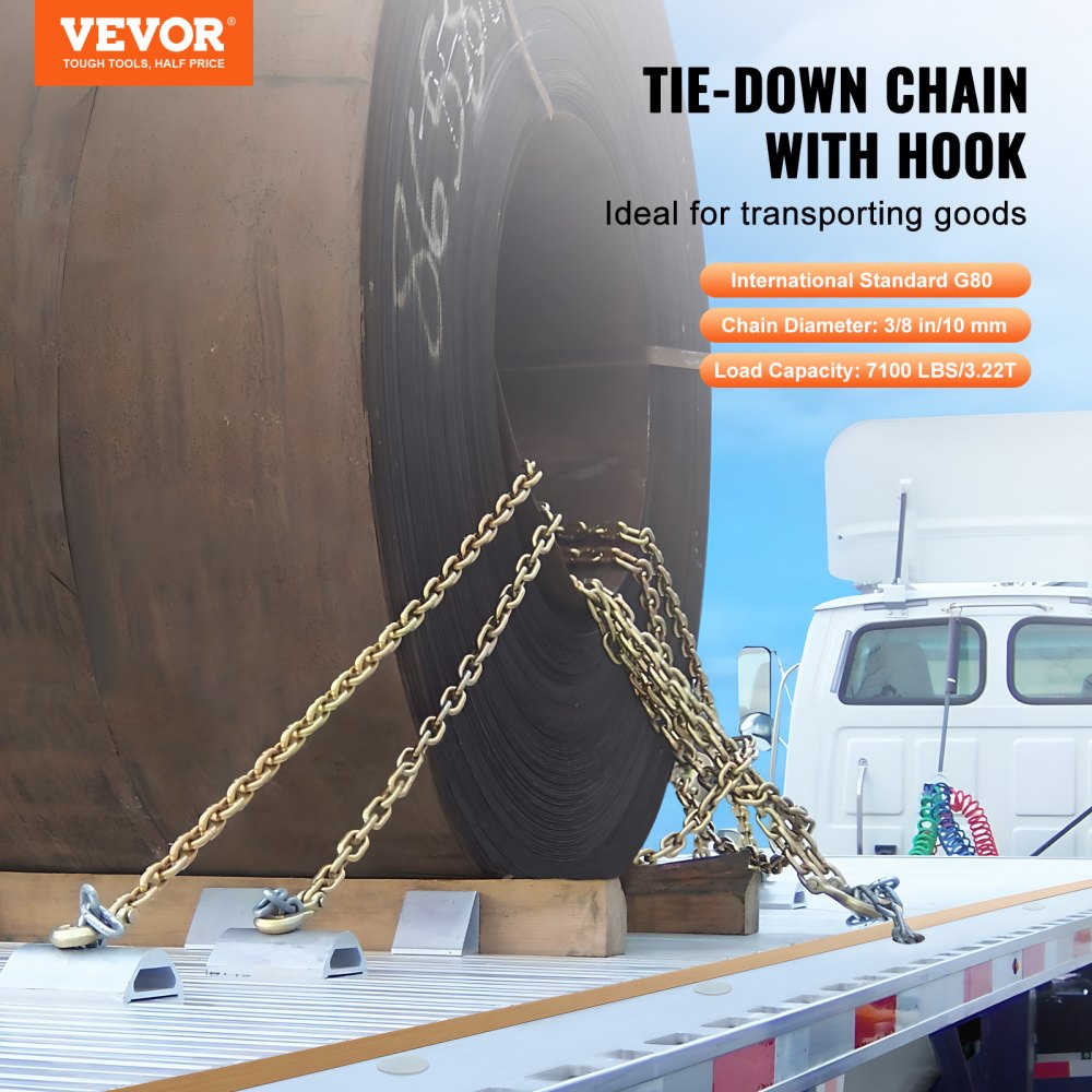 VEVOR G80 Transport Binder Chain, 3/8" x 10.3' 2-Pack Tow Chain with Clevis Grab Hooks, 7100 lbs Safe Working Load