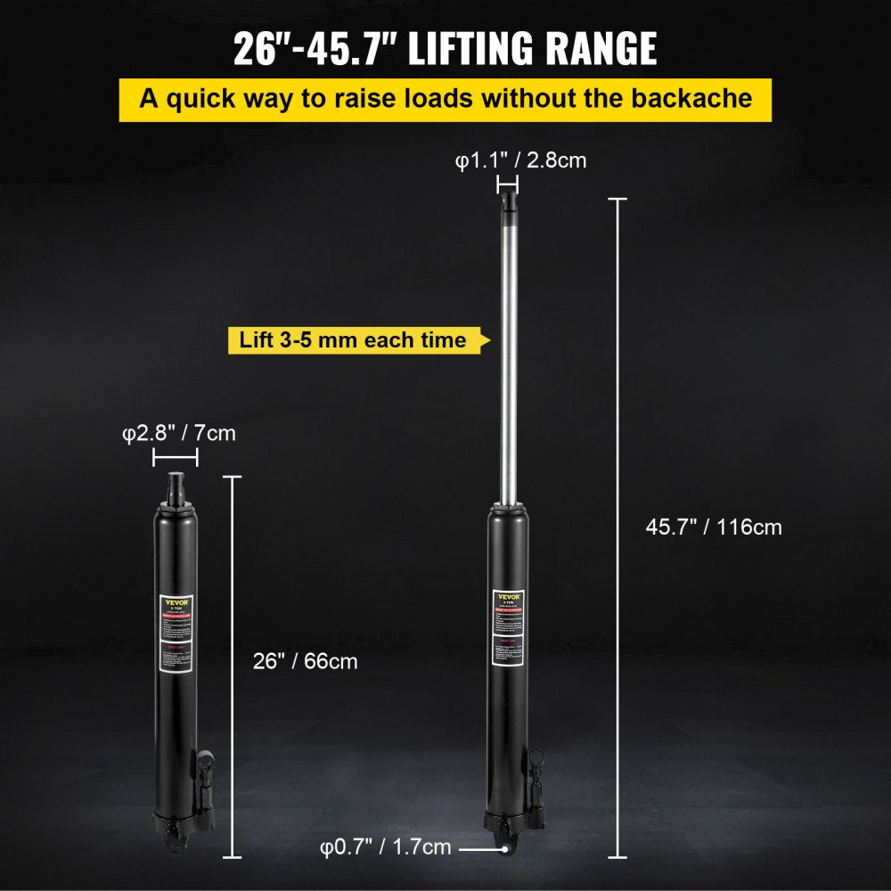 VEVOR Hydraulic Long Ram Jack, 3 Tons/6600 lbs Capacity, with Single Piston Pump and Clevis Base, Manual Cherry Picker
