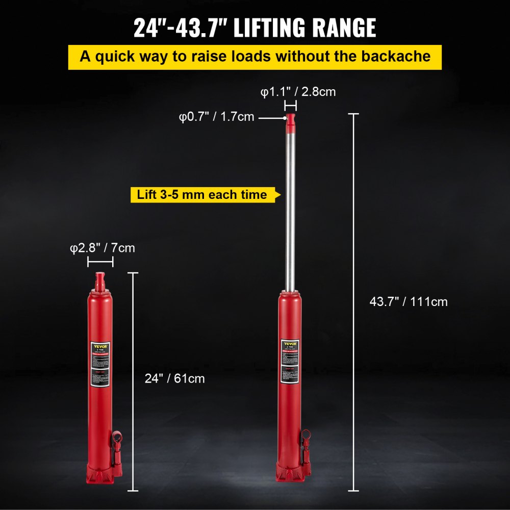 VEVOR Hydraulic Long Ram Jack, 4 Tons/8818 lbs Capacity, with Single Piston Pump and Flat Base, Manual Cherry Picker
