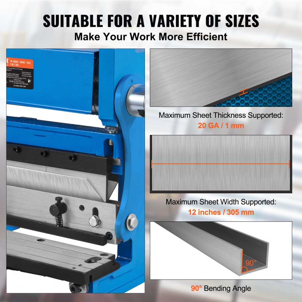 VEVOR Sheet Metal Brake, 12-inch, 3-In-1 Combination Shear Brake Roll Machine, 20-Gauge Capacity Shear Press Brake with