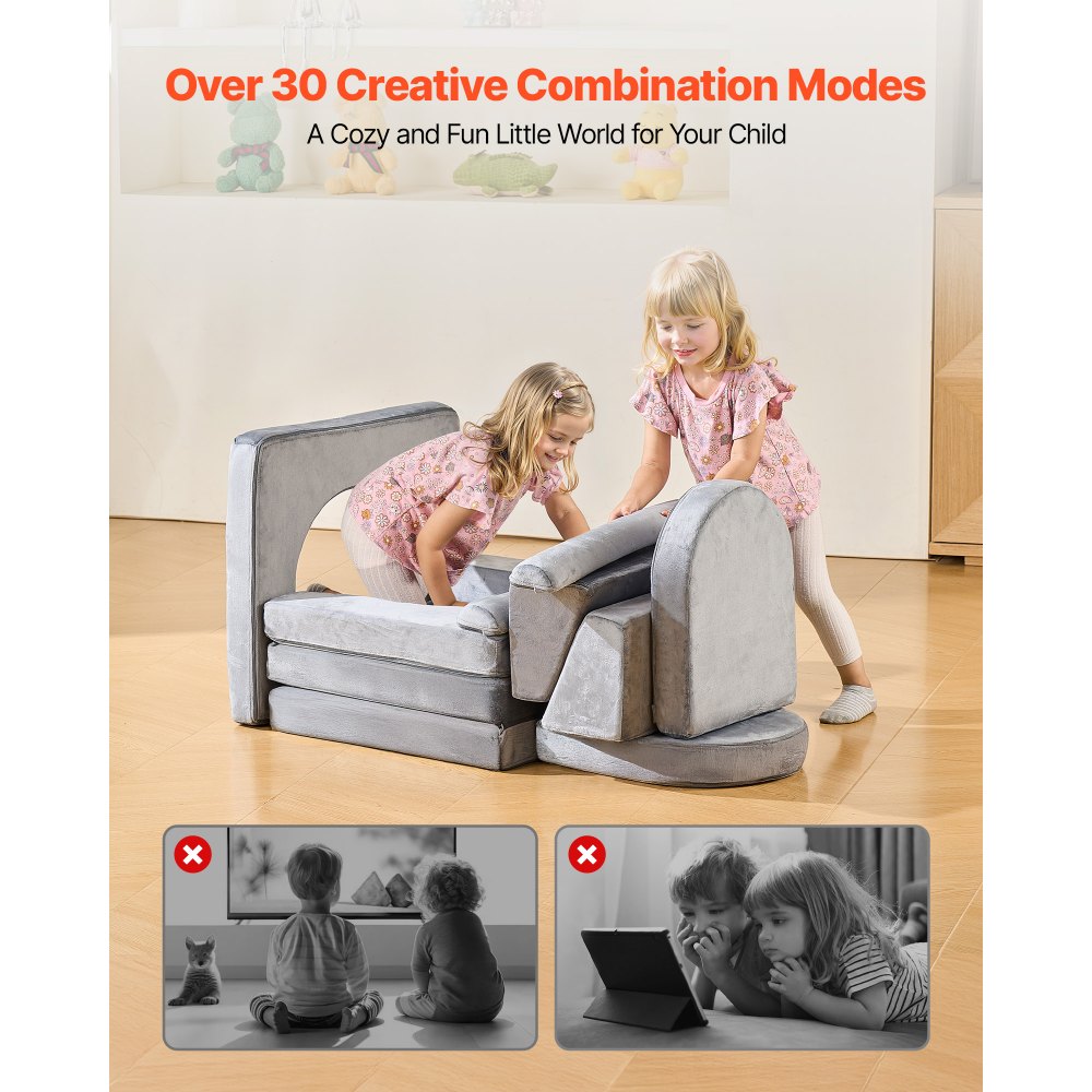 VEVOR Modular Kids Play Couch, Sectional Toddler Sofa with Armrests, 28D Sponge & Short Pile, Convertible Kids Modular