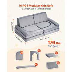 VEVOR Modular Kids Play Couch, Sectional Toddler Sofa with Armrests, 28D Sponge & Short Pile, Convertible Kids Modular