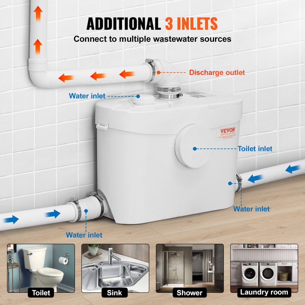 VEVOR Macerating Toilet System with Powerful 700W Macerator Pump, Rear Discharge and Upflush Toilet For Basement, Dual