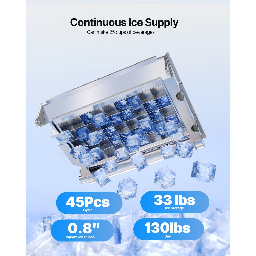 VEVOR Commercial Ice Maker Machine with Pump, 130Lbs/24H with 33Lbs Storage, 45 Cubes per Cycle, Freestanding & Under