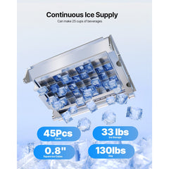 VEVOR Commercial Ice Maker Machine with Pump, 130Lbs/24H with 33Lbs Storage, 45 Cubes per Cycle, Freestanding & Under