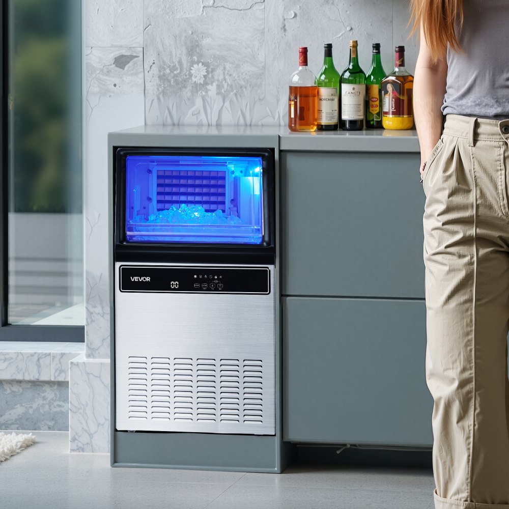 VEVOR Commercial Ice Maker Machine with Pump, 130Lbs/24H with 33Lbs Storage, 45 Cubes per Cycle, Freestanding & Under