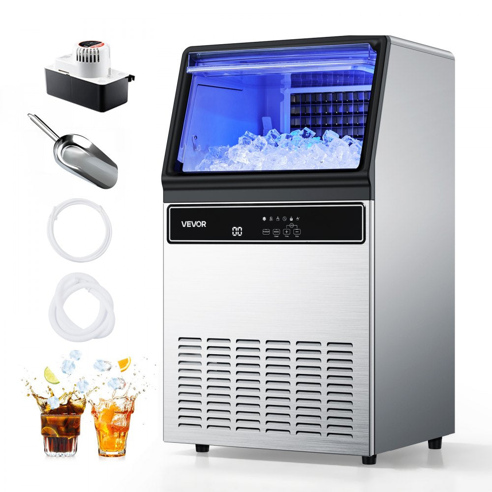 VEVOR Commercial Ice Maker Machine with Pump, 130Lbs/24H with 33Lbs Storage, 45 Cubes per Cycle, Freestanding & Under