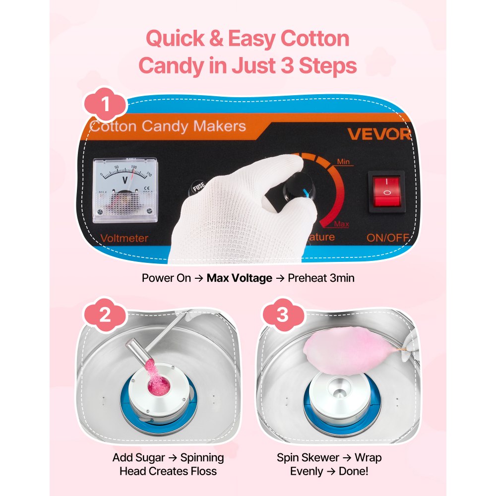 VEVOR Electric Cotton Candy Machine, 1000W Commercial Floss Maker With Cover, Commercial Cotton Candy Machine