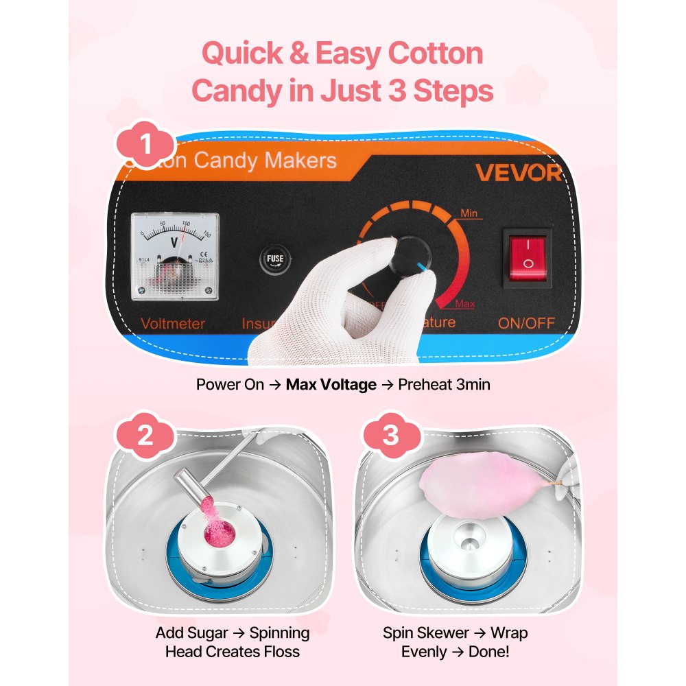 VEVOR Electric Cotton Candy Machine, 1000W Electric Floss Maker With Cover, Commercial Cotton Candy Machine w/Stainless