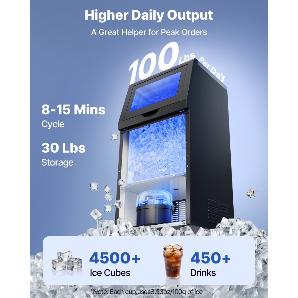 VEVOR Commercial Ice Maker Machine with Pump, 100 lbs/24h with 30 lbs Storage Capacity, Built-in/Freestanding/Under