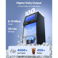 VEVOR Commercial Ice Maker Machine with Pump, 100 lbs/24h with 30 lbs Storage Capacity, Built-in/Freestanding/Under