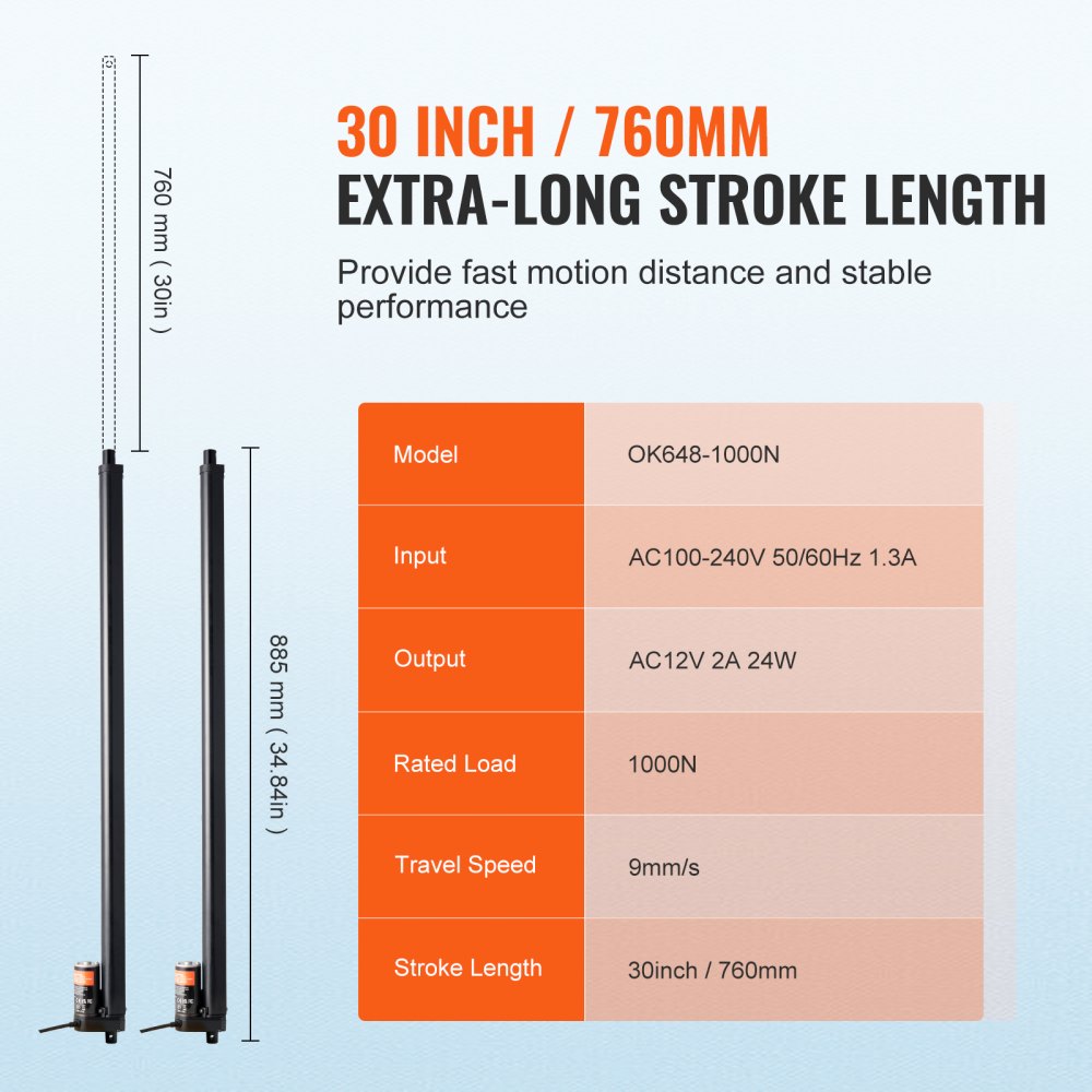 VEVOR 2PCS Linear Actuator Kit, 30 Inch High Speed 0.35"/s Linear Motion Actuator 12V, 220lbs/1000N Linear Actuator for