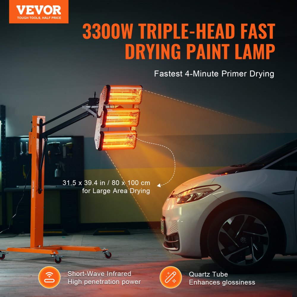 VEVOR Infrared Curing Lamp, 3300W 1-60 min Timing, Auto Heating Car Curing Light with Bracket, 8.61 sq.ft Baking Area