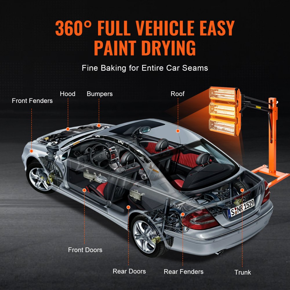VEVOR Infrared Curing Lamp, 3300W 1-60 min Timing, Auto Heating Car Curing Light with Bracket, 8.61 sq.ft Baking Area