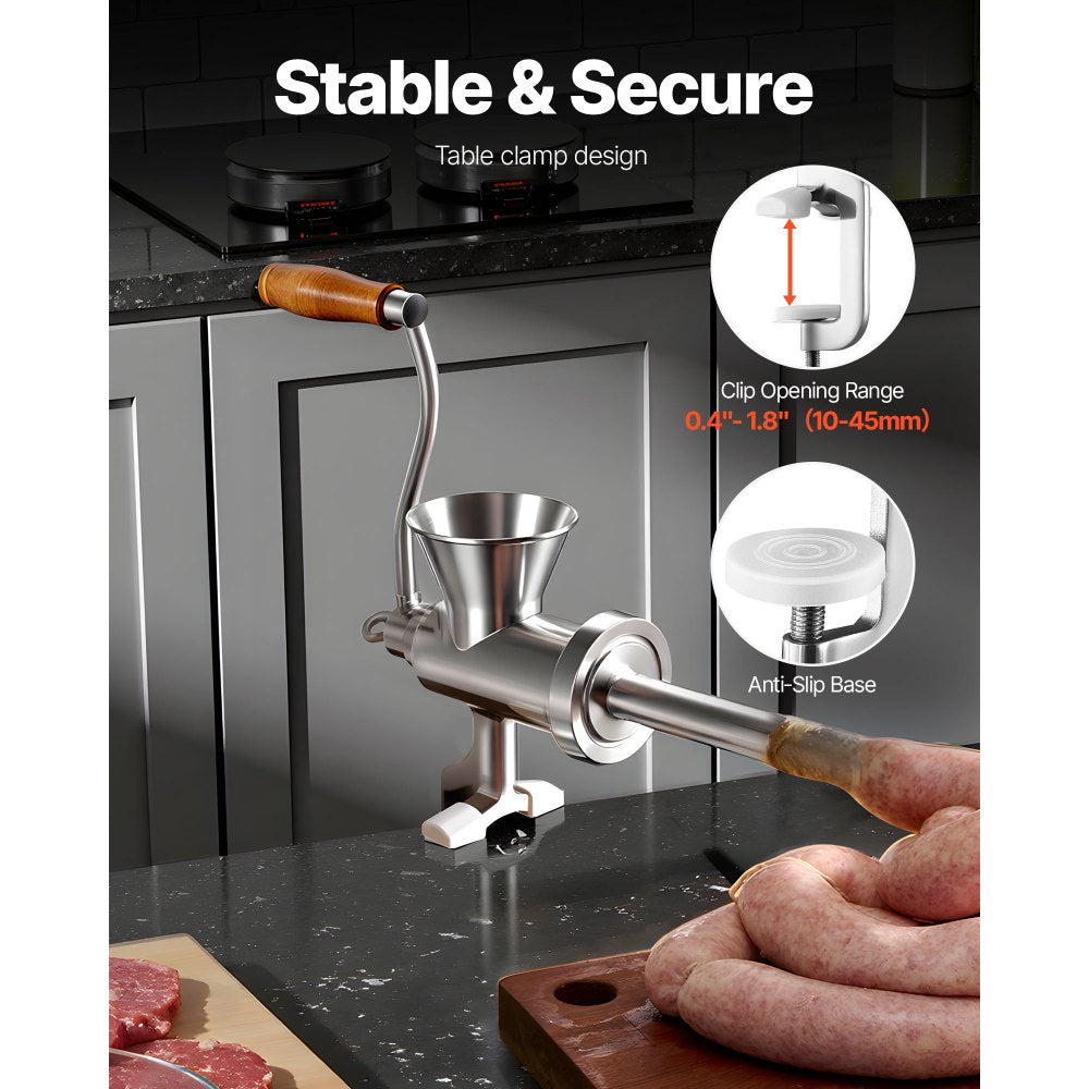 VEVOR Manual Meat Grinder, 304 Stainless Steel Hand Crank Meat Mincer with Steel Table Clamp, Sausage Stuffer with 2