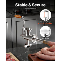 VEVOR Manual Meat Grinder, 304 Stainless Steel Hand Crank Meat Mincer with Steel Table Clamp, Sausage Stuffer with 2