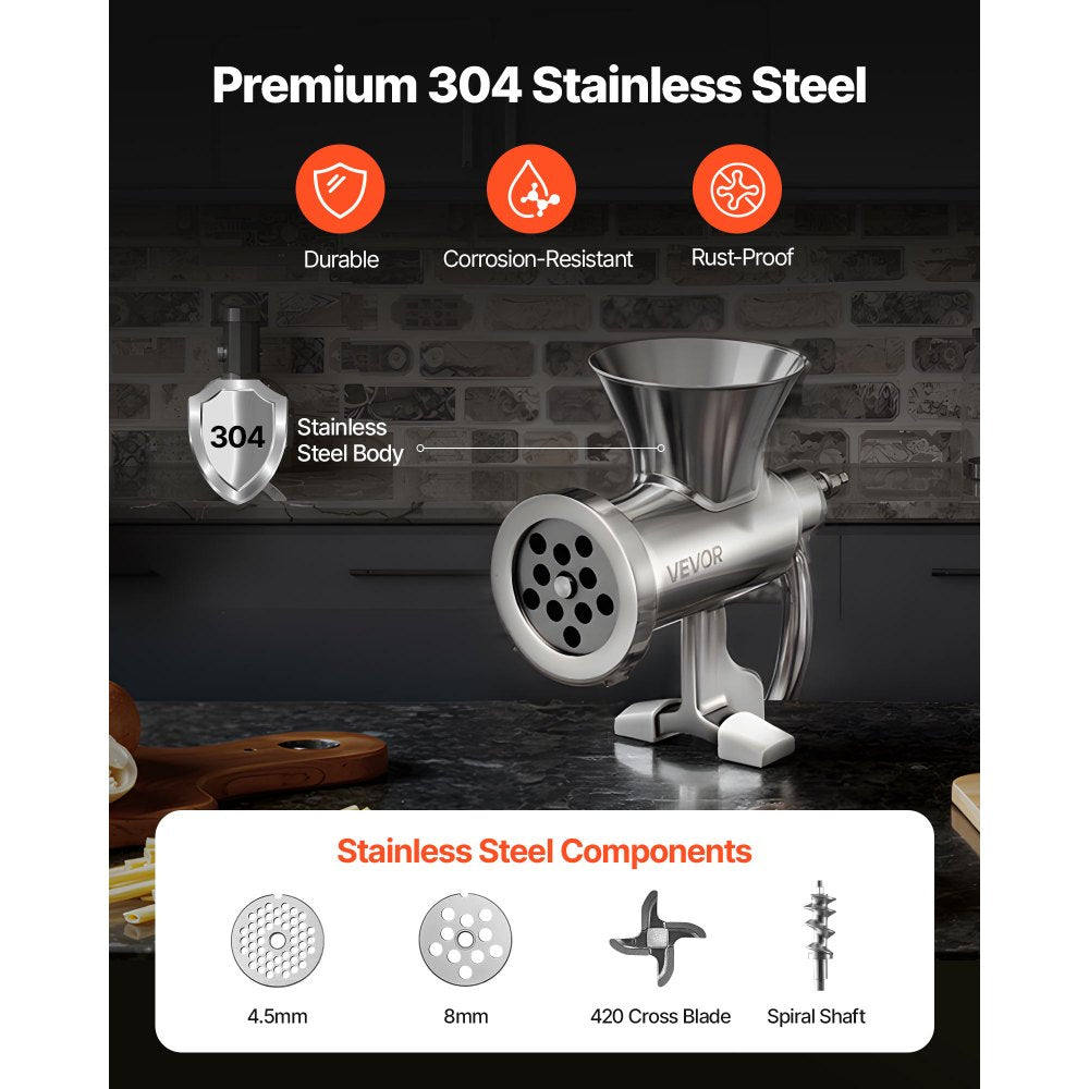 VEVOR Manual Meat Grinder, 304 Stainless Steel Hand Crank Meat Mincer with Steel Table Clamp, Sausage Stuffer with 2