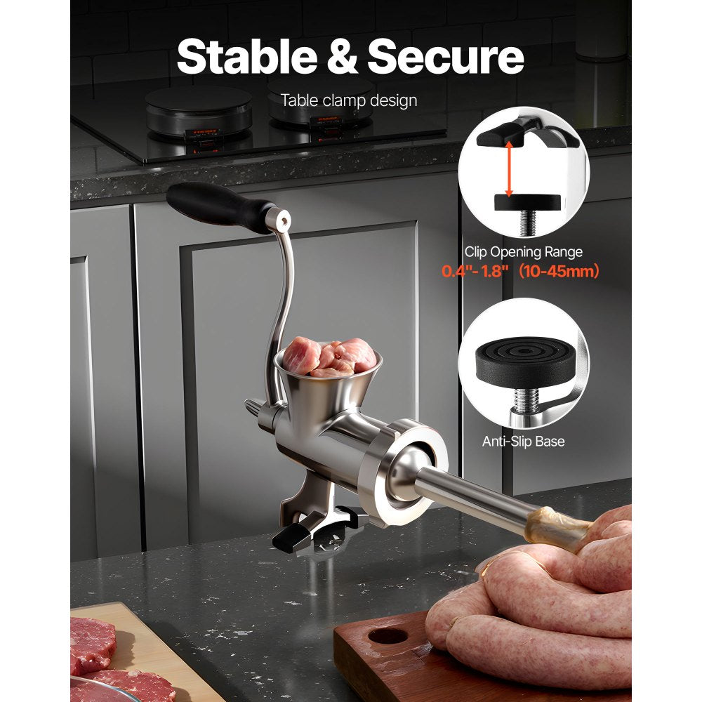 VEVOR Manual Meat Grinder, 304 Stainless Steel Hand Crank Meat Mincer with Steel Table Clamp, Sausage Stuffer with 2