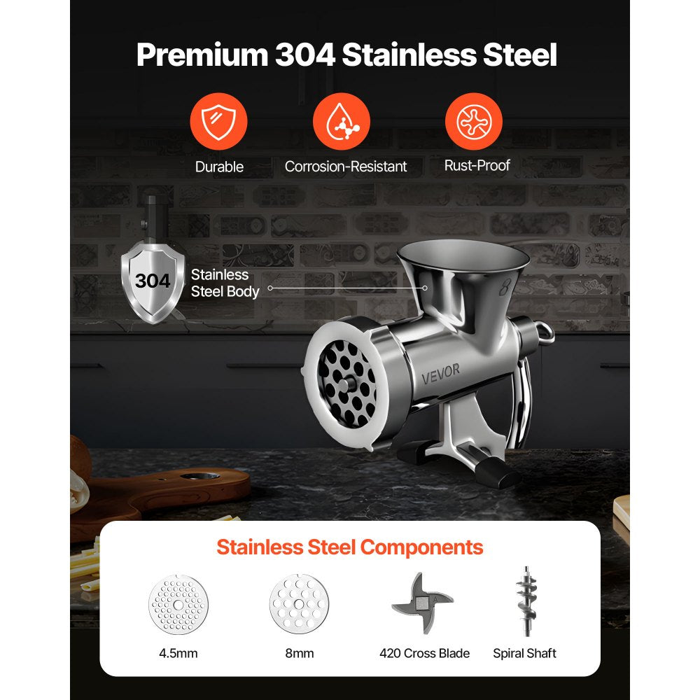 VEVOR Manual Meat Grinder, 304 Stainless Steel Hand Crank Meat Mincer with Steel Table Clamp, Sausage Stuffer with 2