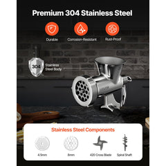 VEVOR Manual Meat Grinder, 304 Stainless Steel Hand Crank Meat Mincer with Steel Table Clamp, Sausage Stuffer with 2