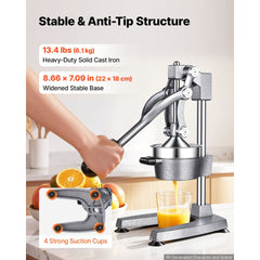 VEVOR Manual Citrus Juicer, 15" Tall Hand Press Orange Juicer, Manual Fresh Juice Extractor for Lemon Pomegranate