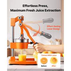 VEVOR Manual Citrus Juicer, 15" Tall Hand Press Orange Juicer, Manual Fresh Juice Extractor for Lemon Pomegranate