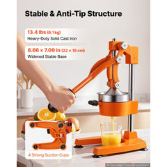VEVOR Manual Citrus Juicer, 15" Tall Hand Press Orange Juicer, Manual Fresh Juice Extractor for Lemon Pomegranate