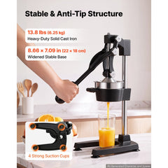 VEVOR Manual Citrus Juicer, 19" Tall Hand Press Oranges Juicer, Manual Fresh Juice Extractor for Lemon Pomegranate