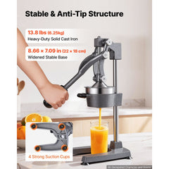 VEVOR Manual Citrus Juicer, 19" Tall Hand Press Orange Juicer, Manual Fresh Juice Extractor for Lemon Pomegranate