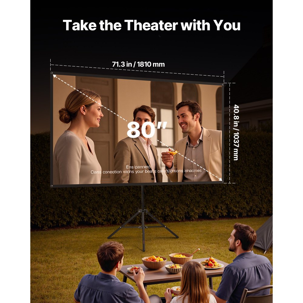 VEVOR Projector Screen with Stand, 80 Inch 160° Wide Angle Indoor Outdoor Projection Screen, 16:9 4K HD Wrinkleless