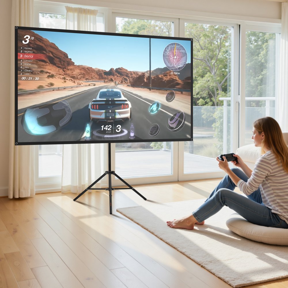 VEVOR Projector Screen with Stand, 80 Inch 160° Wide Angle Indoor Outdoor Projection Screen, 16:9 4K HD Wrinkleless