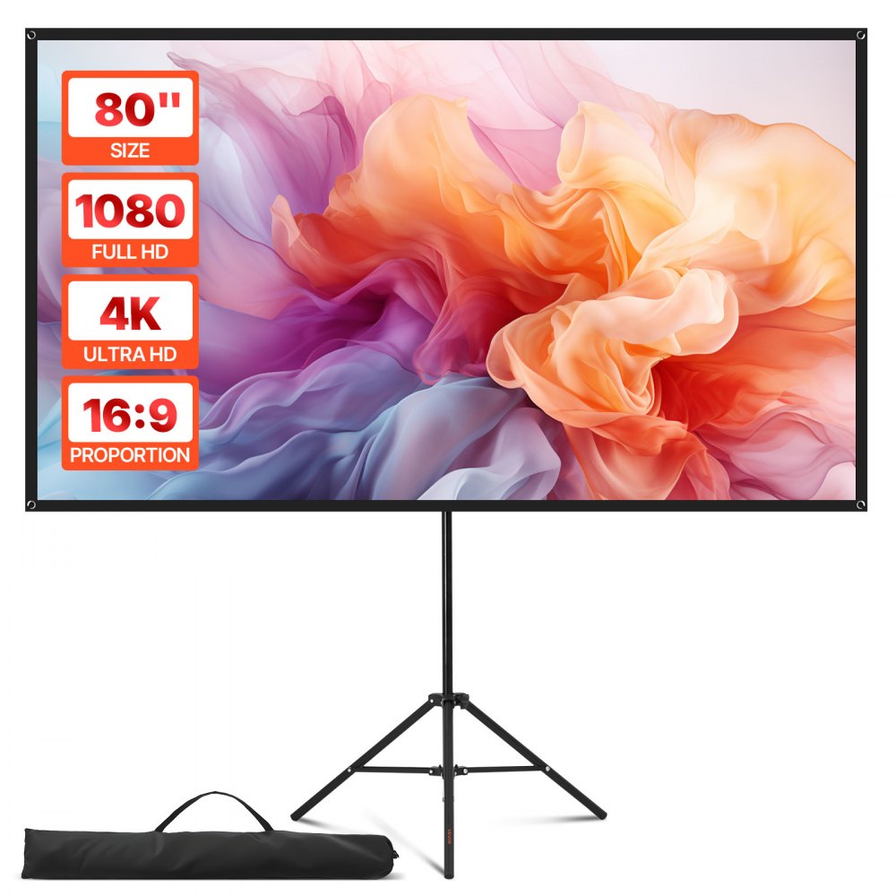 VEVOR Projector Screen with Stand, 80 Inch 160° Wide Angle Indoor Outdoor Projection Screen, 16:9 4K HD Wrinkleless