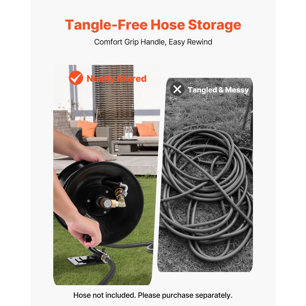 VEVOR Pressure Washer Hose Reel, 50 ft x 3/8 inch Heavy-Duty Steel Bracket-Mounted Pressure Hose Reel, Wall/Floor/Truck